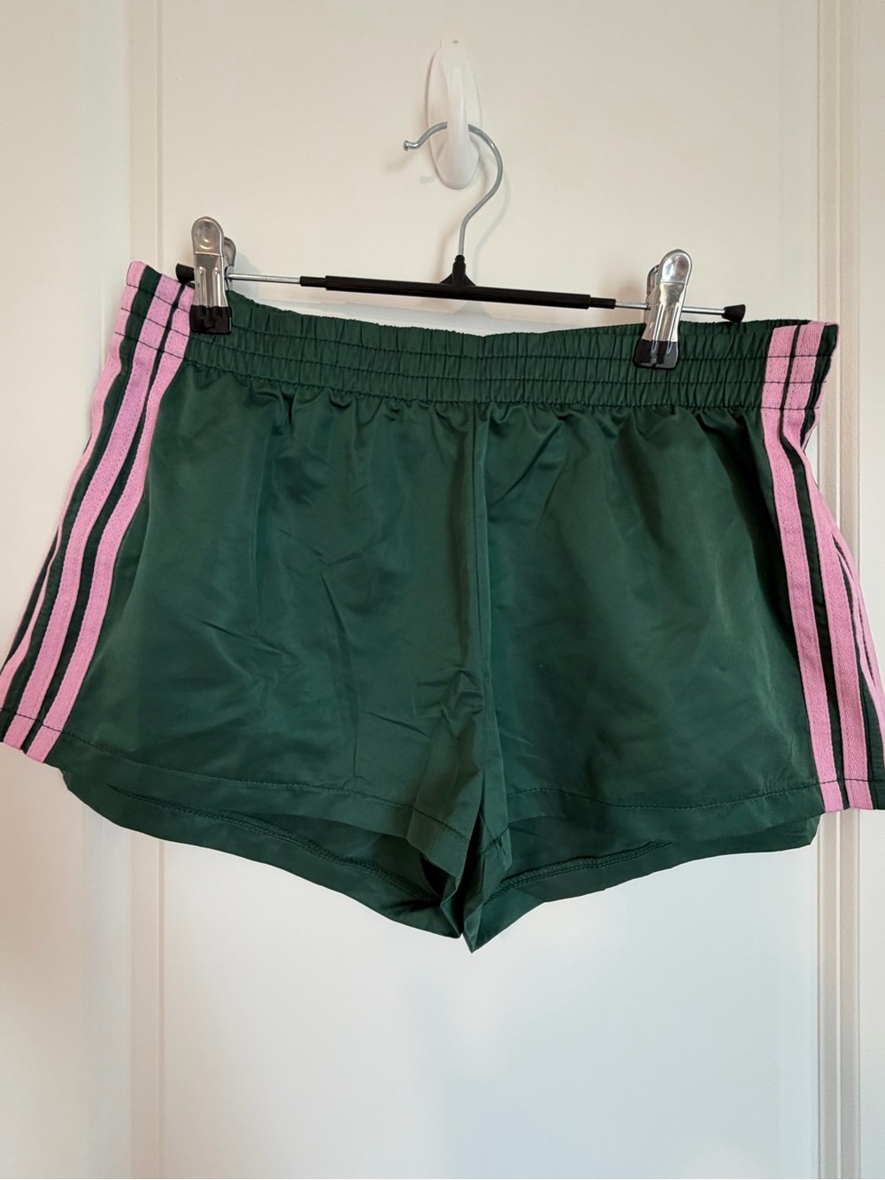 Edikted Forest Green Athletic Shorts with Pink Side Stripes